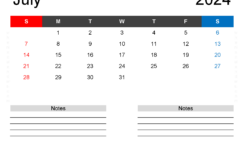 Printable Monthly Calendar for July 2024 J7243