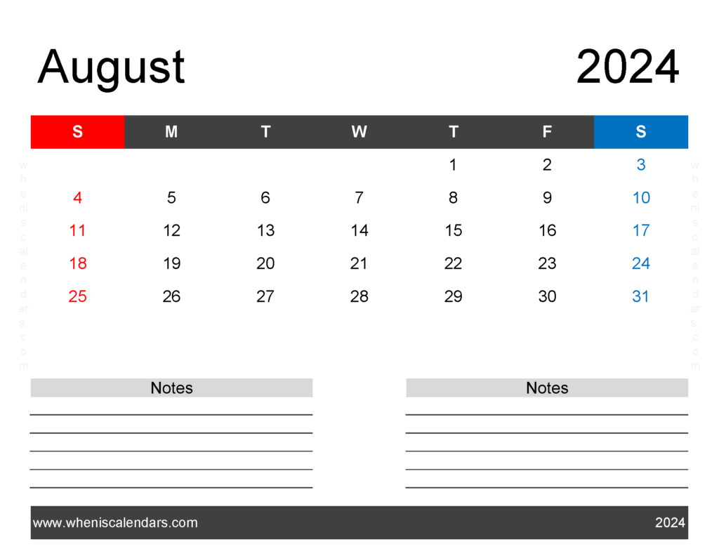 Download Printable monthly Calendar for August 2024 Letter Horizontal 84243