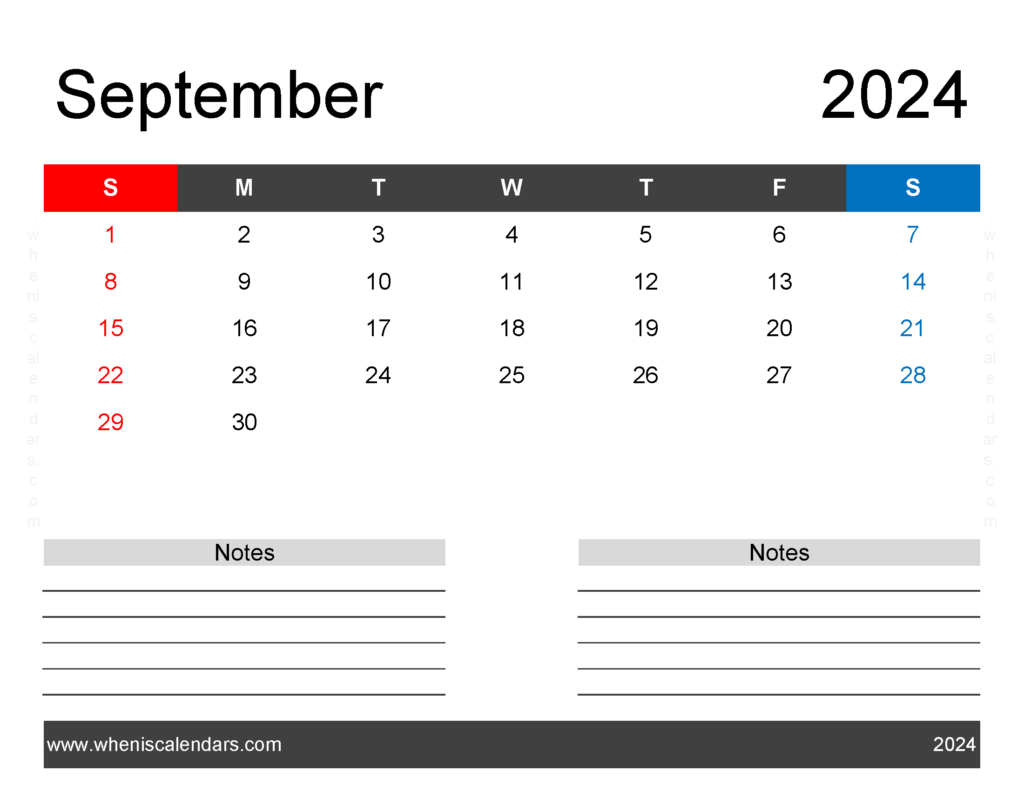Download Printable monthly Calendar for September 2024 Letter Horizontal 94243