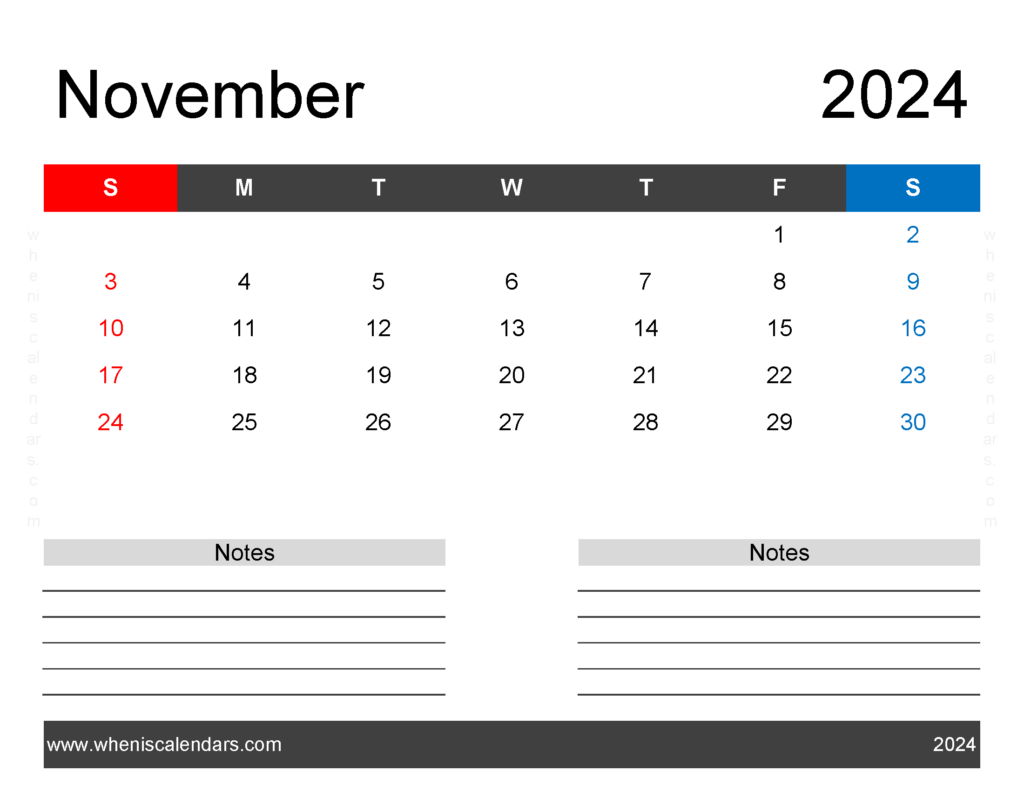 Download Printable monthly Calendar for November 2024 Letter Horizontal 114243