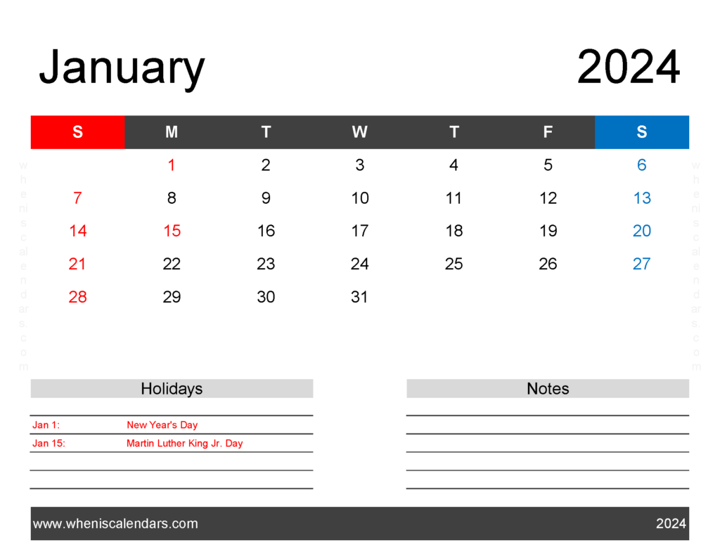 Download January Calendar 2024 editable Letter Horizontal J4163