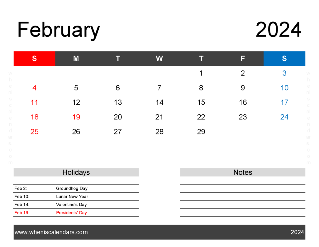 Download February Calendar 2024 editable Letter Horizontal 24163