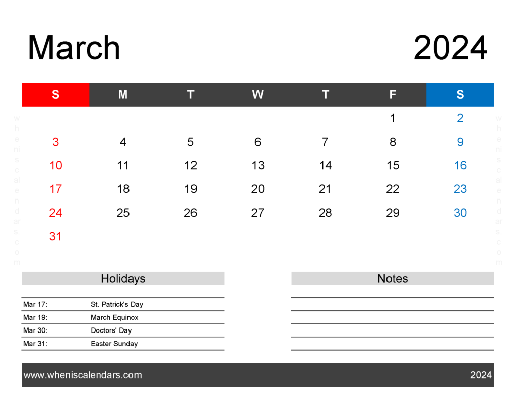 Download March Calendar 2024 editable Letter Horizontal 34163