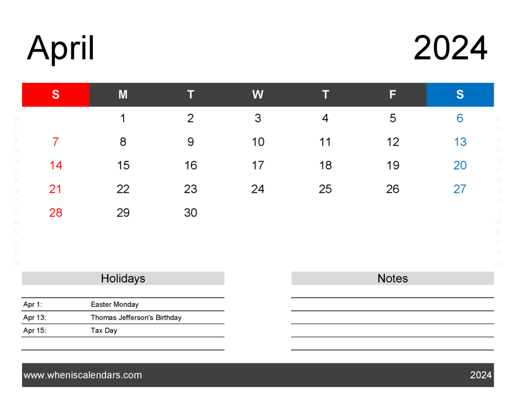 Download April Calendar 2024 editable Letter Horizontal 44163