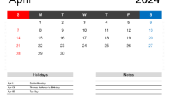 April Calendar 2024 Editable A4163