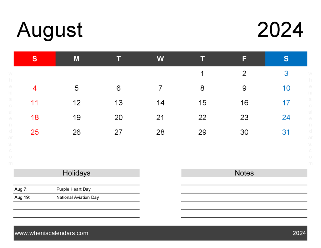Download August Calendar 2024 editable Letter Horizontal 84163