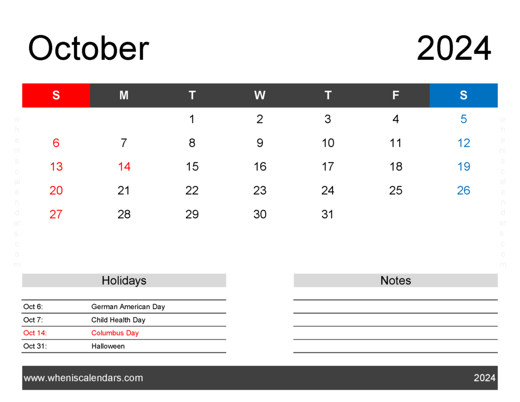 Download October Calendar 2024 editable Letter Horizontal 104163