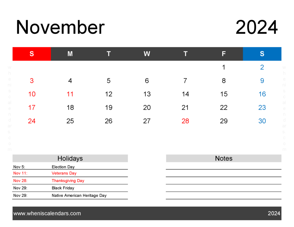 Download November Calendar 2024 editable Letter Horizontal 114163