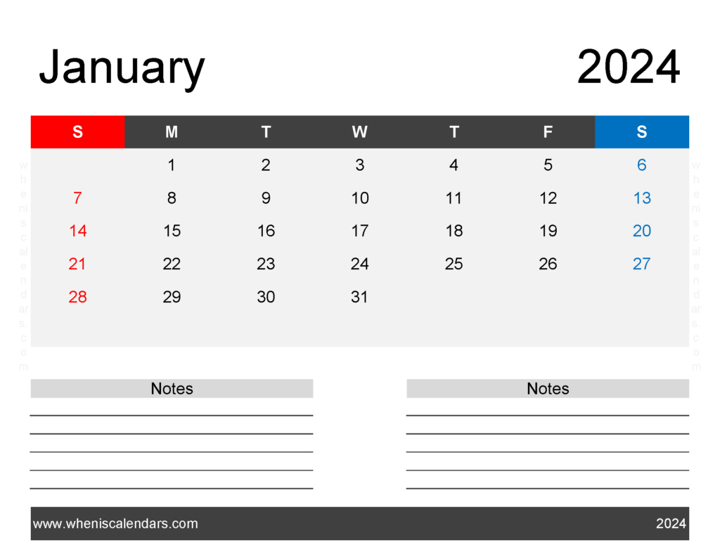 Download January 2024 Printable Free Calendar Letter Horizontal J4244
