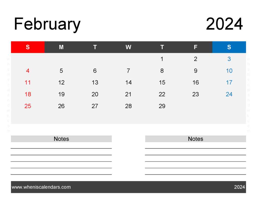 Download February 2024 Printable Free Calendar Letter Horizontal 24244
