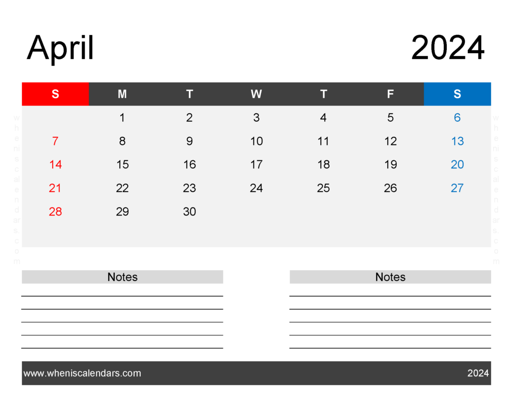 Download April 2024 Printable Free Calendar Letter Horizontal 44244