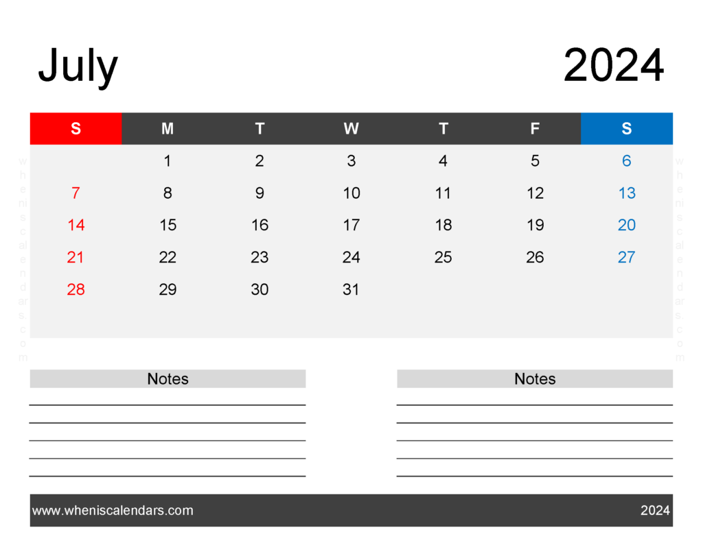 Download July 2024 Printable Free Calendar Letter Horizontal 74244