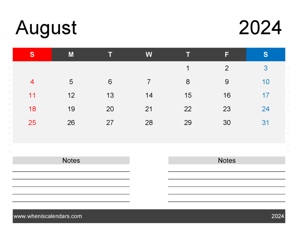 Download August 2024 Printable Free Calendar Letter Horizontal 84244
