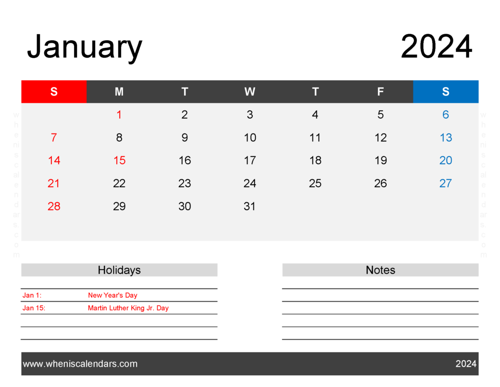 Download monthly Calendar Printable January 2024 Letter Horizontal J4164