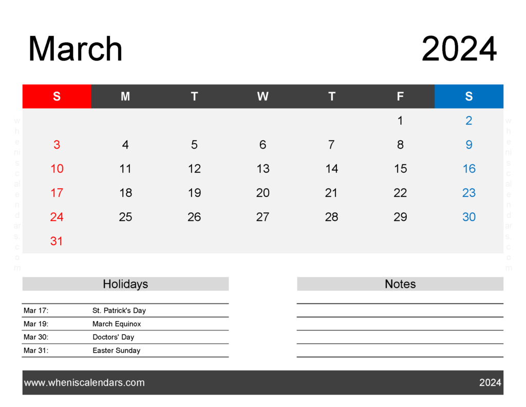 Download monthly Calendar Printable March 2024 Letter Horizontal 34164