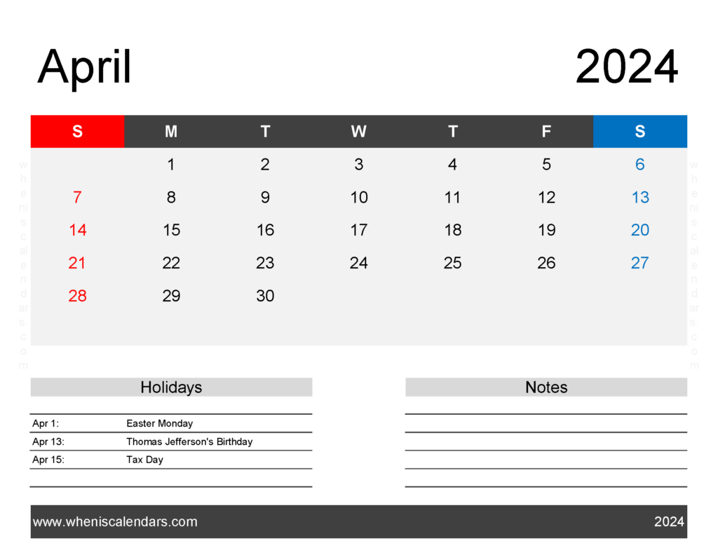 Download monthly Calendar Printable April 2024 Letter Horizontal 44164