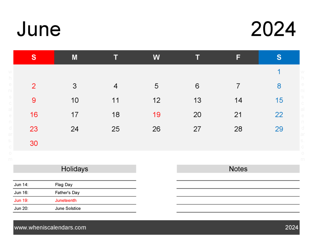 Download monthly Calendar Printable June 2024 Letter Horizontal 64164
