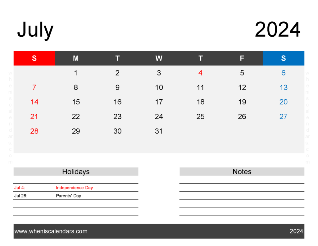 Download monthly Calendar Printable July 2024 Letter Horizontal 74164