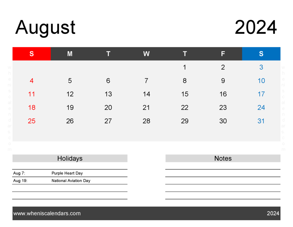 Download monthly Calendar Printable August 2024 Letter Horizontal 84164