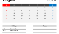 Monthly Calendar Printable August 2024 A8164