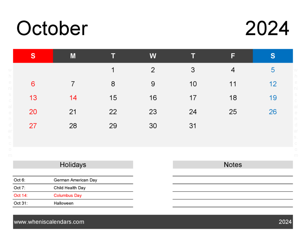 Download monthly Calendar Printable October 2024 Letter Horizontal 104164