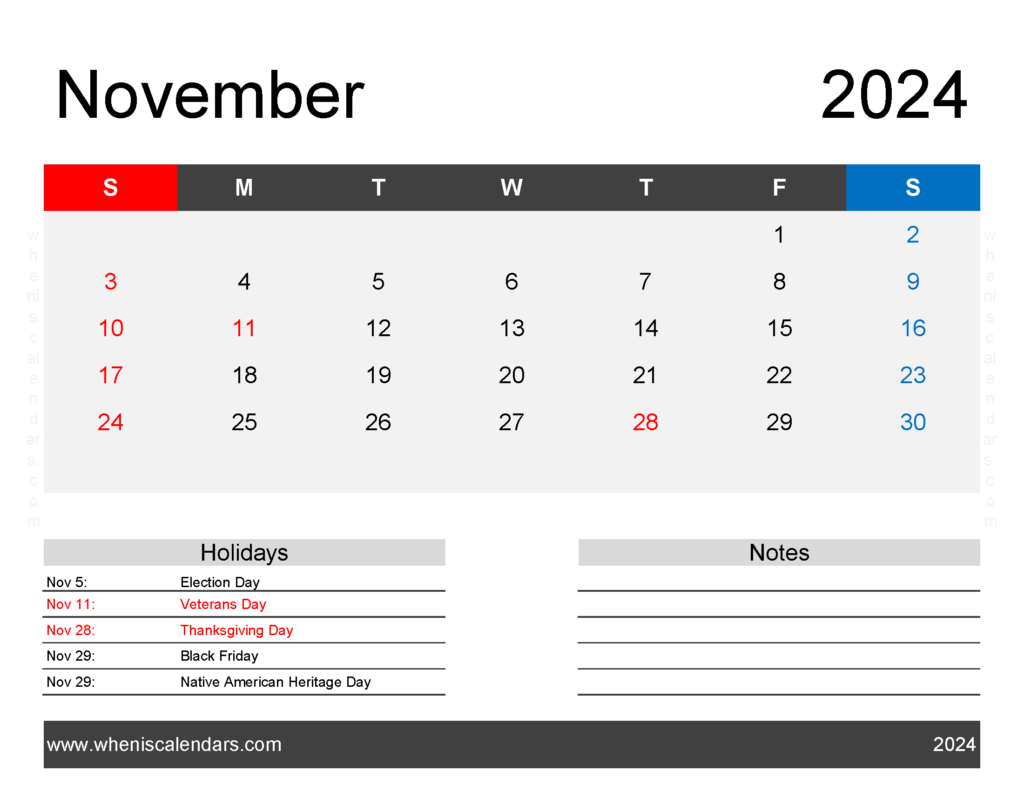 Download monthly Calendar Printable November 2024 Letter Horizontal 114164