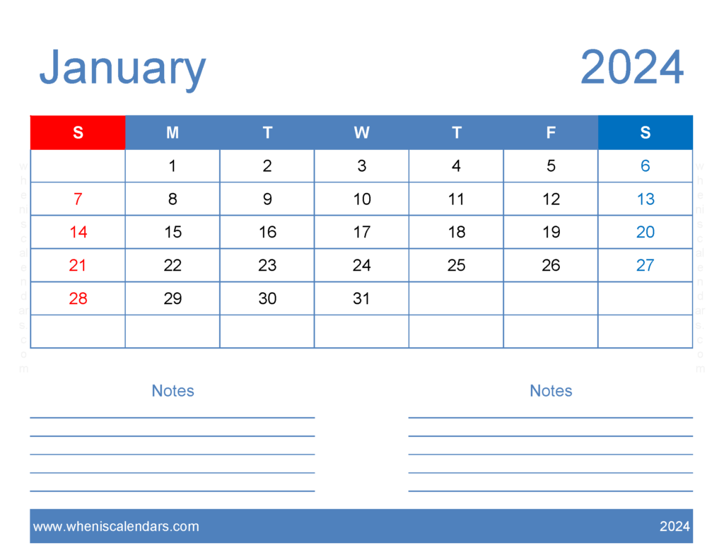 Download 2024 January Blank Calendar Letter Horizontal J4245