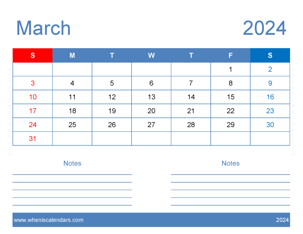 Download 2024 March Blank Calendar Letter Horizontal 34245