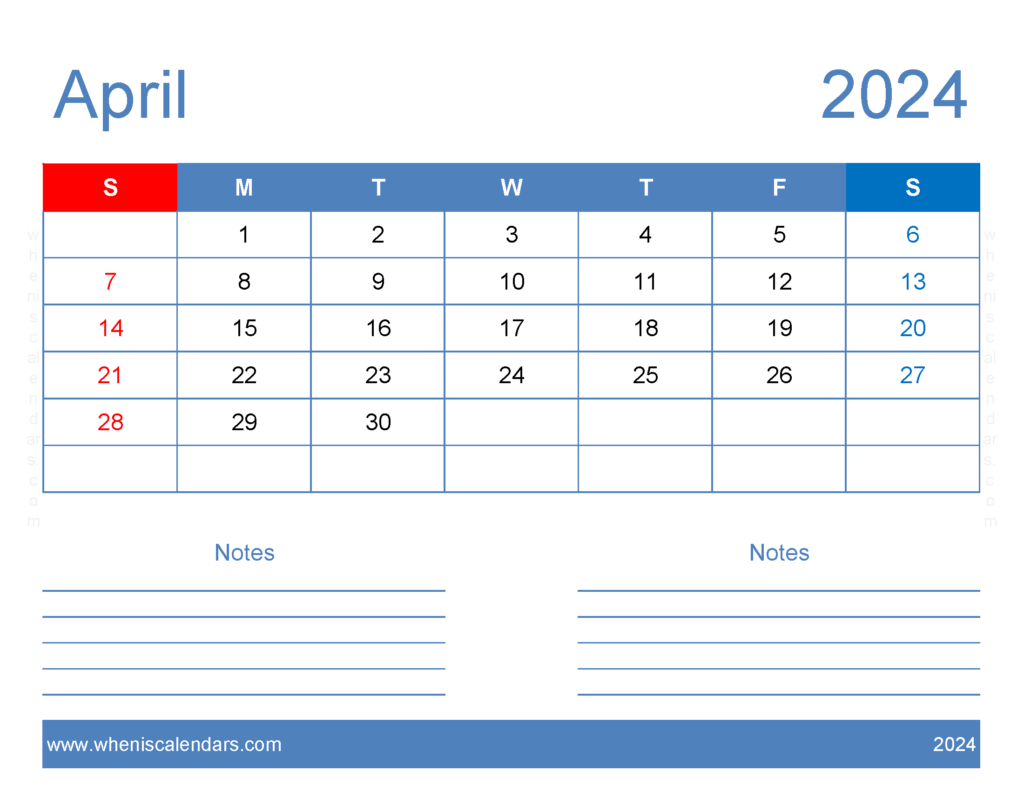 Download 2024 April Blank Calendar Letter Horizontal 44245