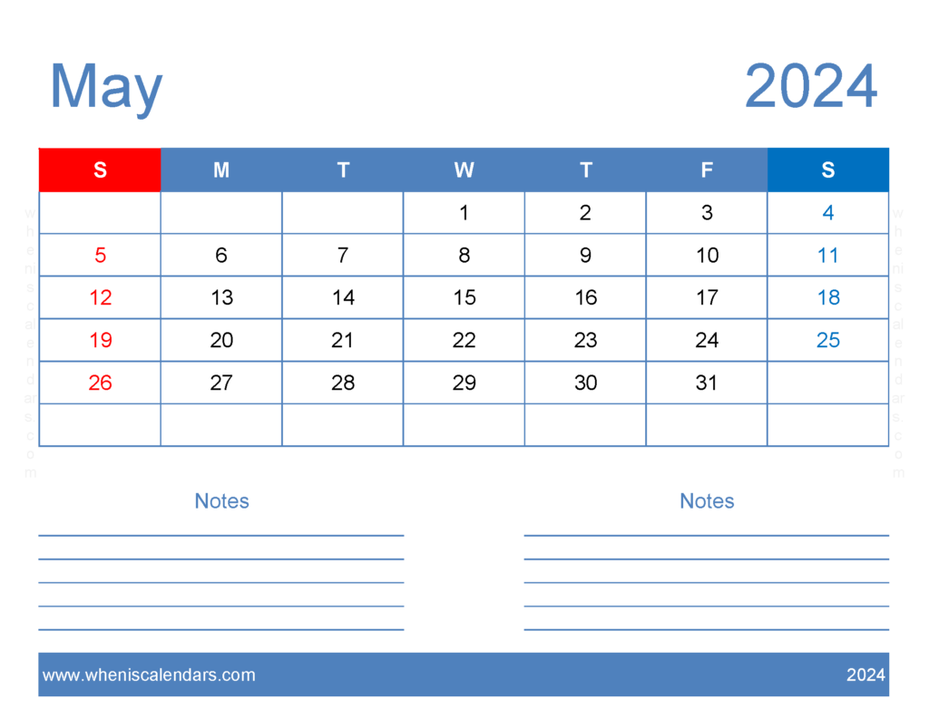 Download 2024 May Blank Calendar Letter Horizontal 54245