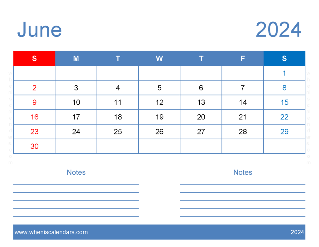 Download 2024 June Blank Calendar Letter Horizontal 64245