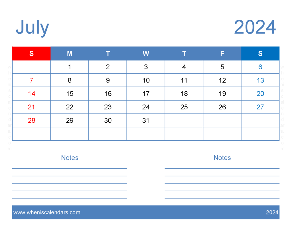 Download 2024 July Blank Calendar Letter Horizontal 74245