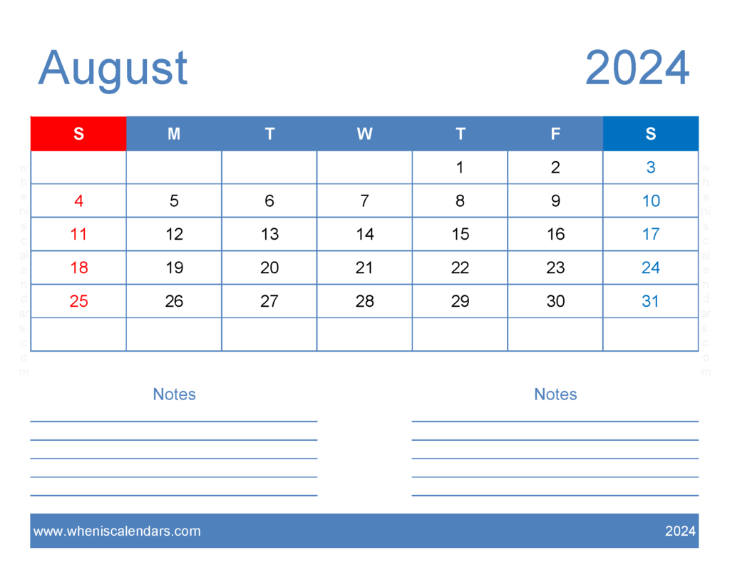Download 2024 August Blank Calendar Letter Horizontal 84245