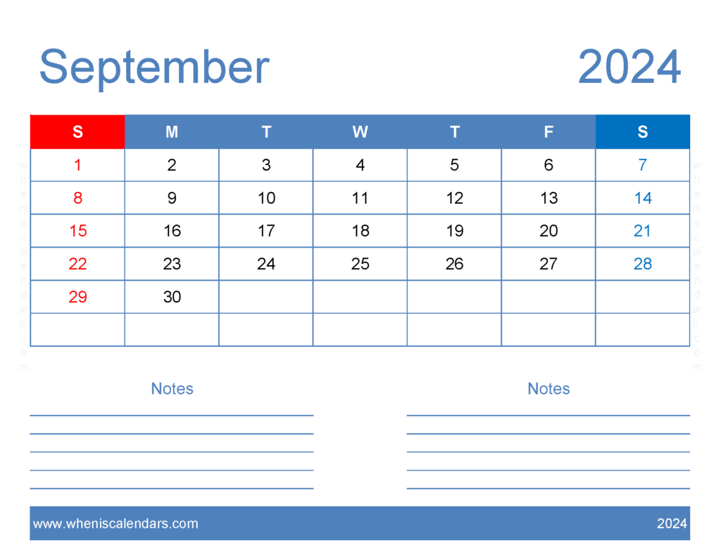 Download 2024 September Blank Calendar Letter Horizontal 94245