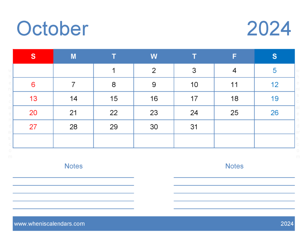 Download 2024 October Blank Calendar Letter Horizontal 104245
