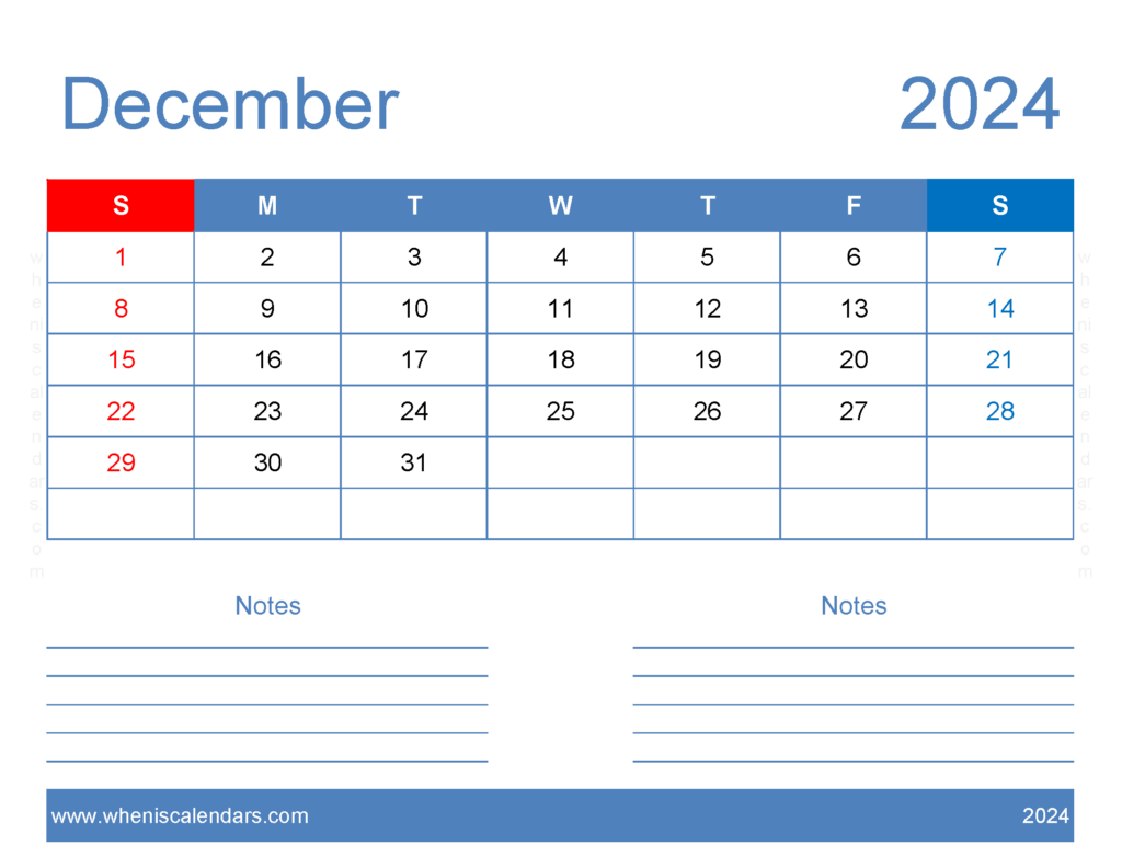 Download 2024 December Blank Calendar Letter Horizontal 124245