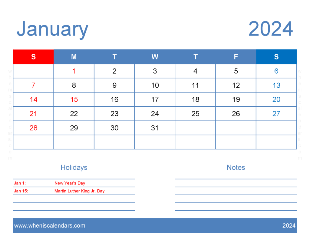 Download print a Calendar com January 2024 Letter Horizontal J4165