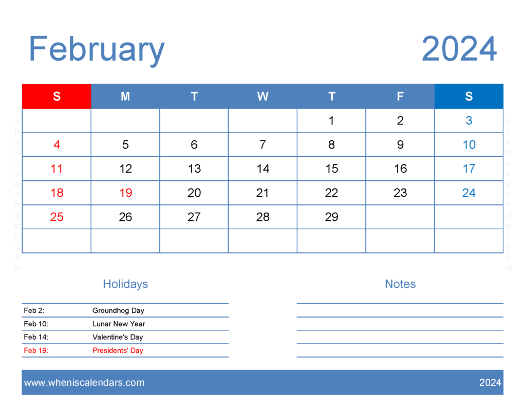 Download print a Calendar com February 2024 Letter Horizontal 24165