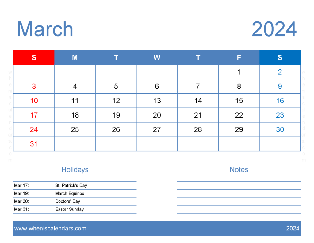 Download print a Calendar com March 2024 Letter Horizontal 34165
