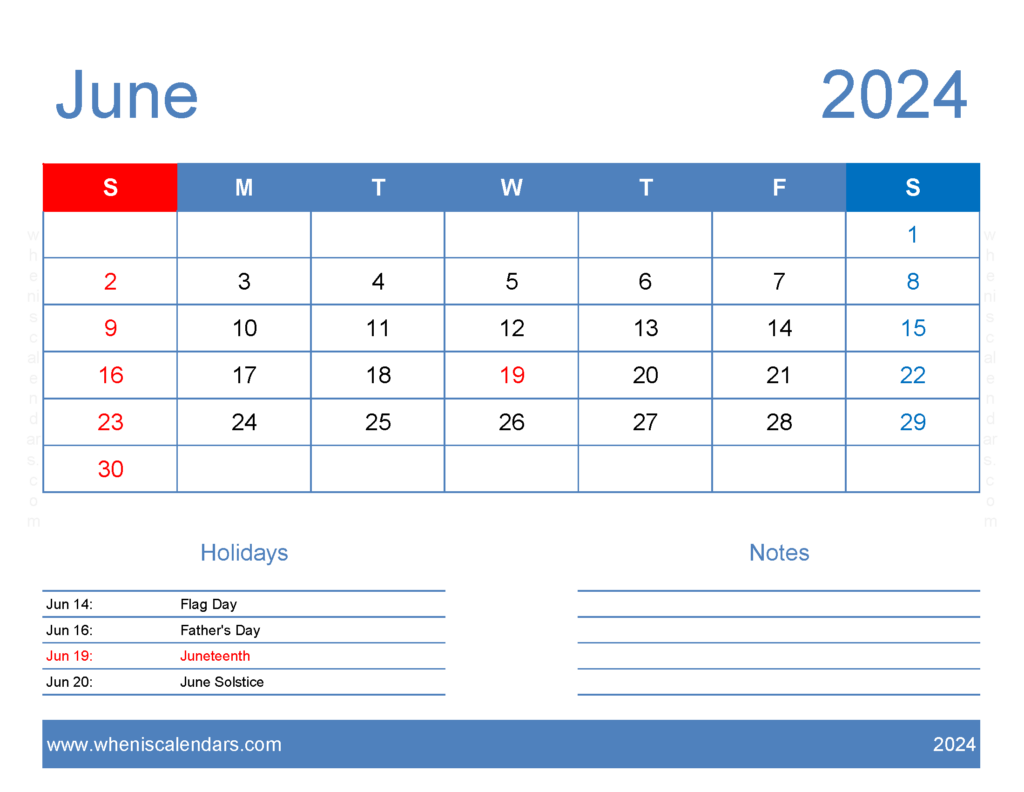 Download print a Calendar com June 2024 Letter Horizontal 64165