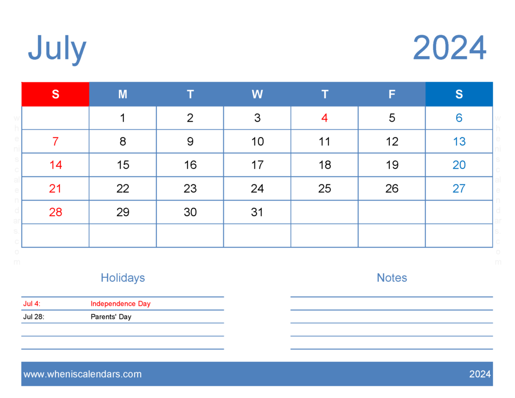 Download print a Calendar com July 2024 Letter Horizontal 74165