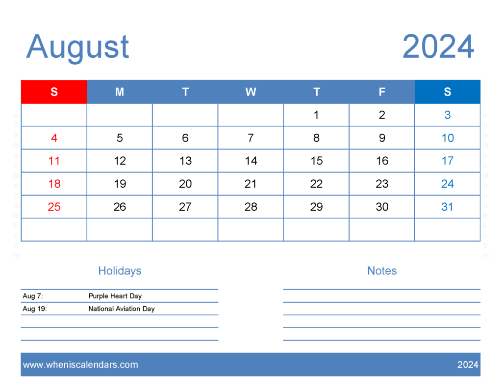 Download print a Calendar com August 2024 Letter Horizontal 84165