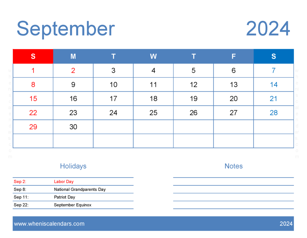 Download print a Calendar com September 2024 Letter Horizontal 94165