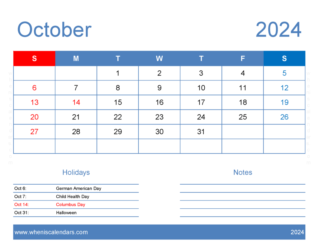 Download print a Calendar com October 2024 Letter Horizontal 104165