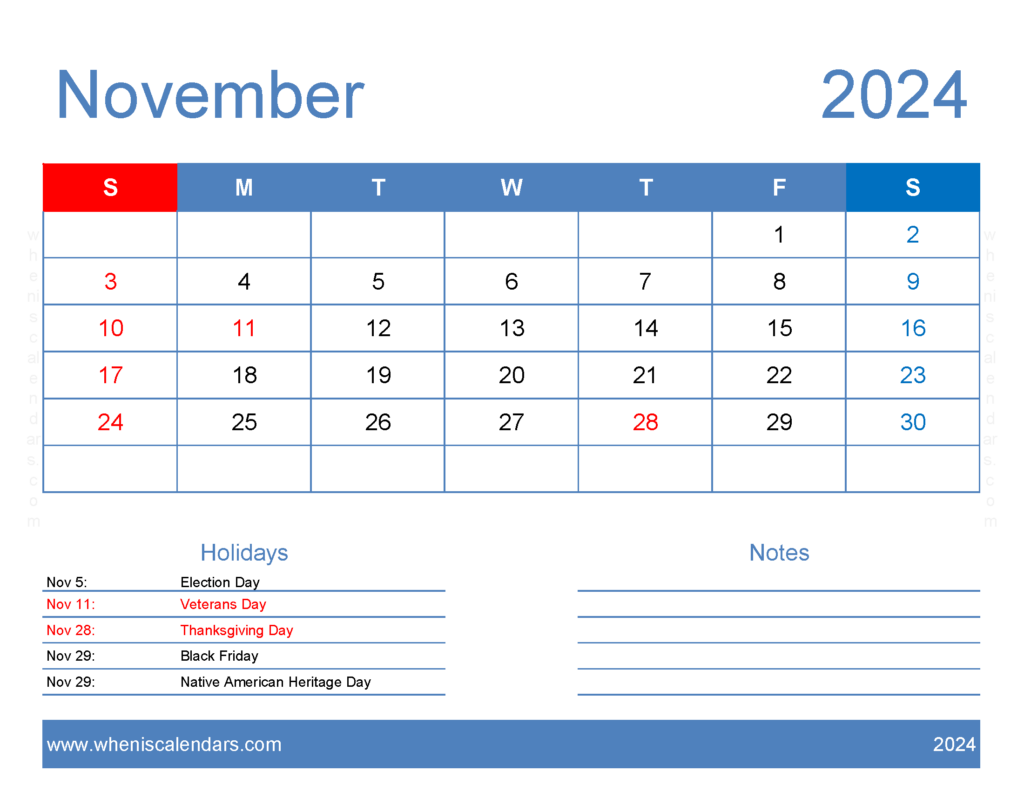 Download print a Calendar com November 2024 Letter Horizontal 114165