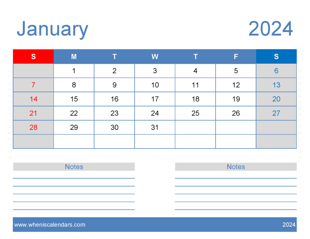 Download A4 January 2024 Calendar Letter Horizontal J4246