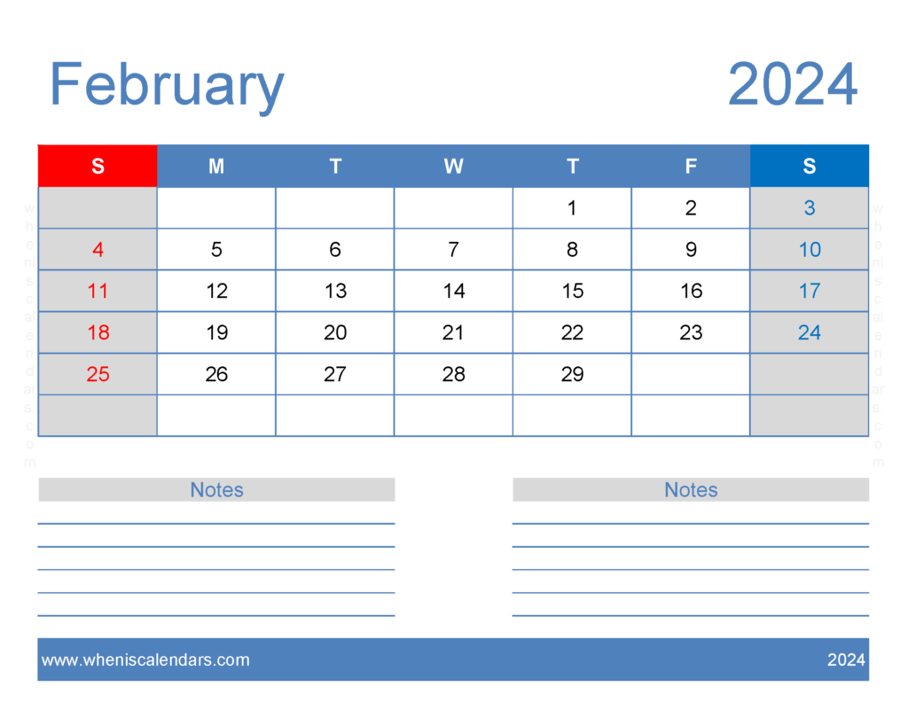 Download A4 February 2024 Calendar Letter Horizontal 24246