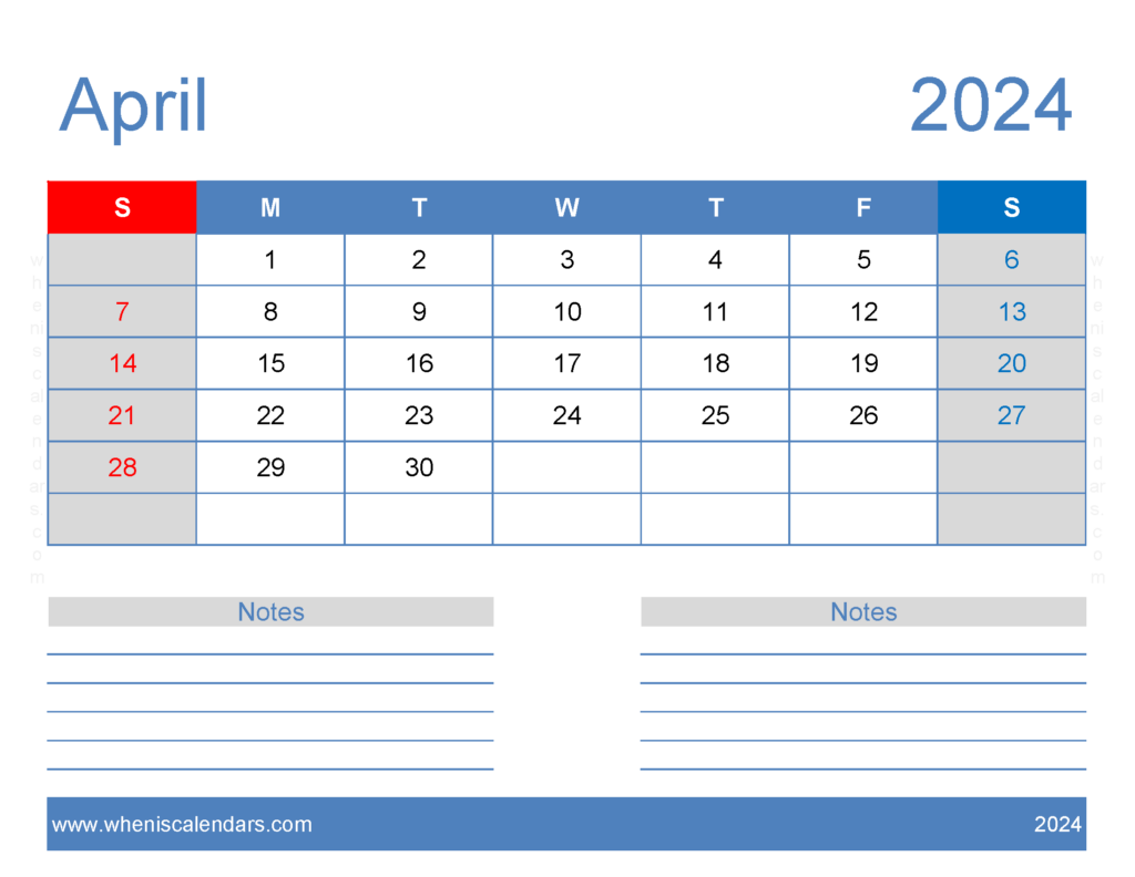 Download A4 April 2024 Calendar Letter Horizontal 44246