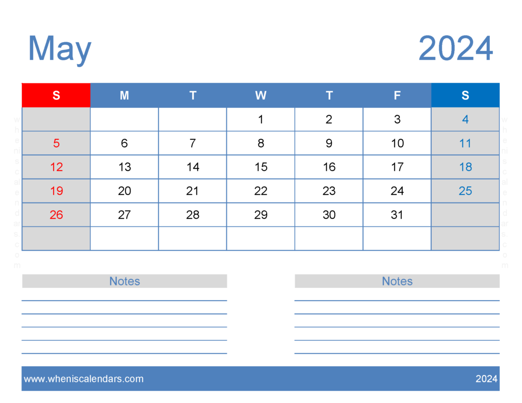 Download A4 May 2024 Calendar Letter Horizontal 54246
