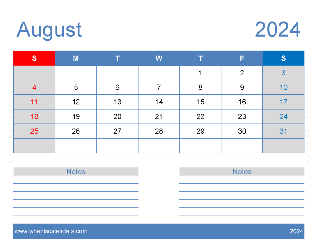 Download A4 August 2024 Calendar Letter Horizontal 84246
